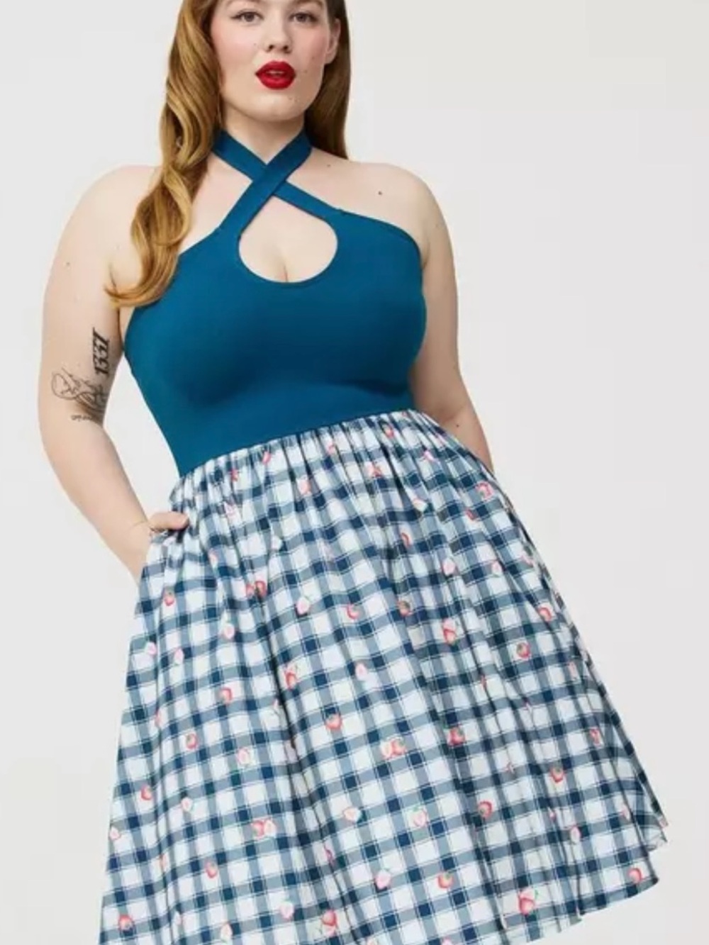 Torrid Teal Halter Bodice Gingham Midi Dress with Pink Strawberries Size 2x